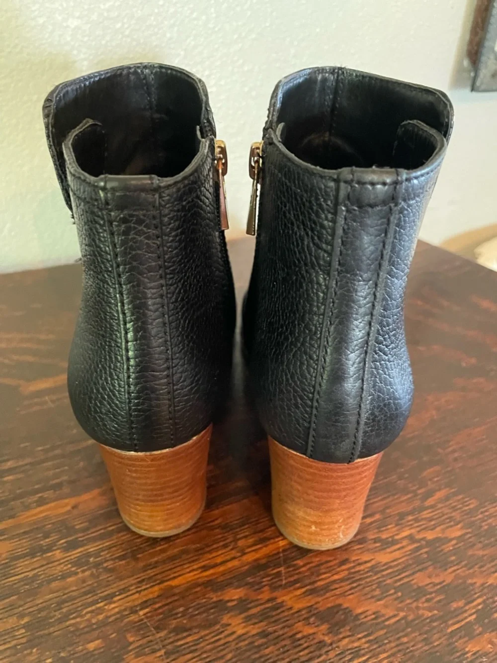 Tory Burch Black Leather Ankle Booties with Wood Heel